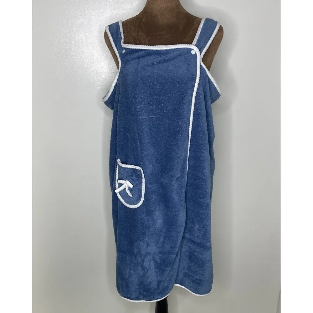 Womens Spa Wrap Soft Terry Cover Up Blue White Trim Pocket One Size (M/L) EUC
